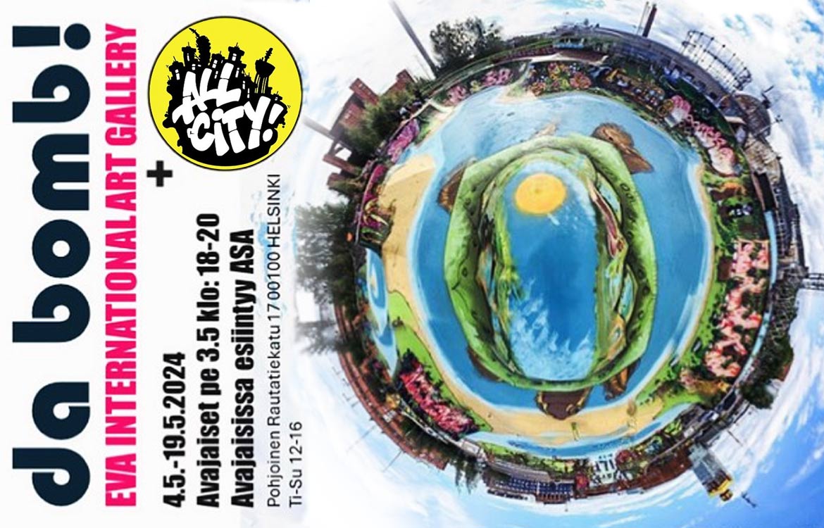 Exhibition poster with a view of a skatepark taken with fish eye lens.