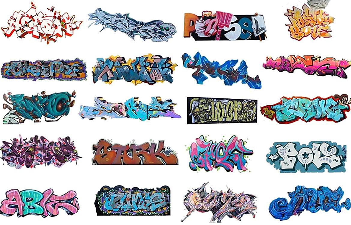 Many cropped graffiti lettering on a white background.