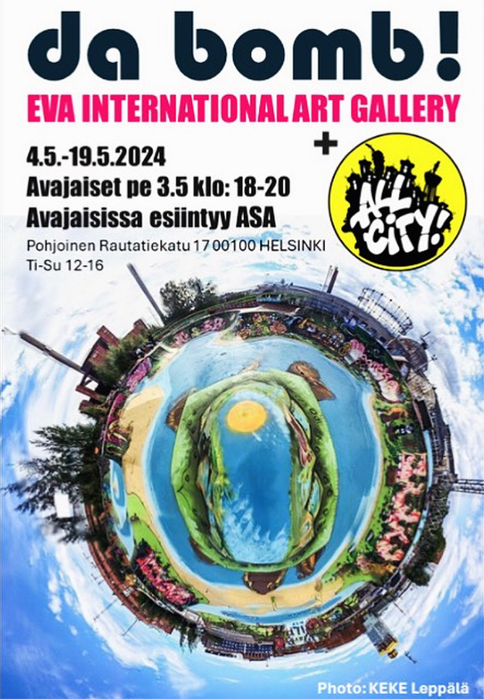 a colorful exhibition poster, with a photo of a skatepark shot through a fish eye lens.
