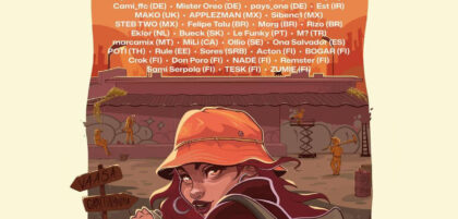 An event advert with artist names and event location.