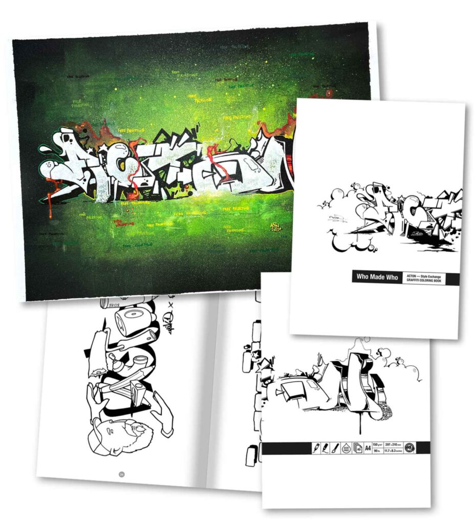 Coloring books on top of greenish painting.