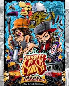 Colorful, comic like poster for Meeting of Styles graffiti event.
